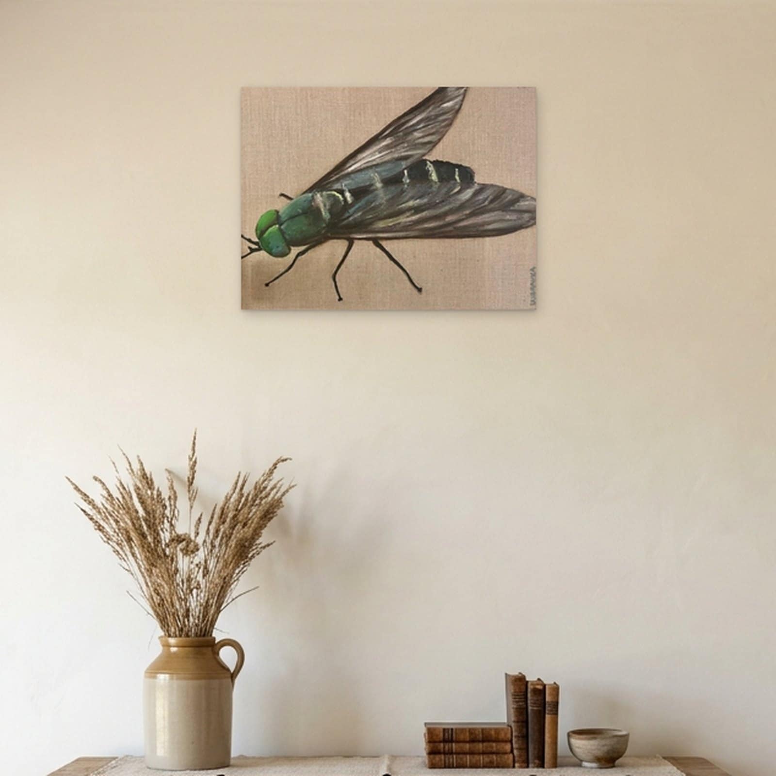 FLY ON THE WALL — Oil on linen, 36cm x 46cm. Painting by Dubravka Sabljak. View 1 of 2.